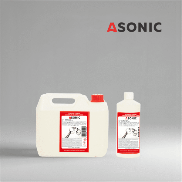 ASONIC AS-OPT detergente in taniche da 1L, 5L e 25L per la pulizia a ultrasuoni delle lenti ottiche.