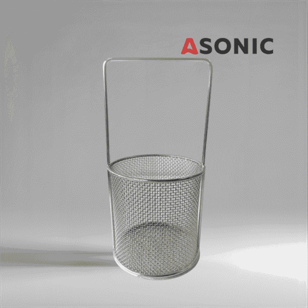 ASONIC cestino rotondo in acciaio inox con manico Ø75mm, progettato per la pulizia a ultrasuoni di gioielli e utensili fini.