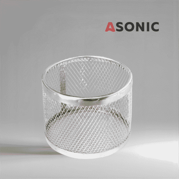 ASONIC stainless steel round basket Ø75mm per bagni a ultrasuoni, accessorio compatto per una pulizia di precisione.