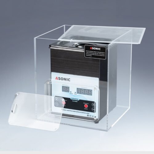 Open silent box showing a 2L ASONIC ultrasonic cleaner inside, designed to reduce noise during operation.