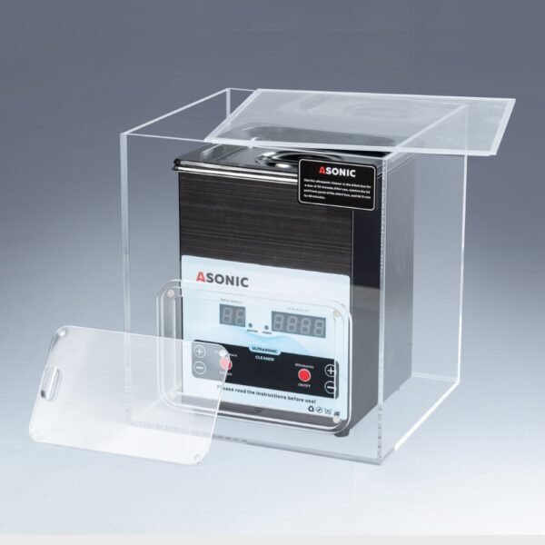 Open silent box showing a 2L ASONIC ultrasonic cleaner inside, designed to reduce noise during operation.