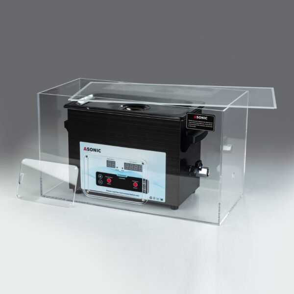 Scatola silenziosa aperta che mostra un pulitore a ultrasuoni ASONIC da 3L, illustrando il design di riduzione del rumore.