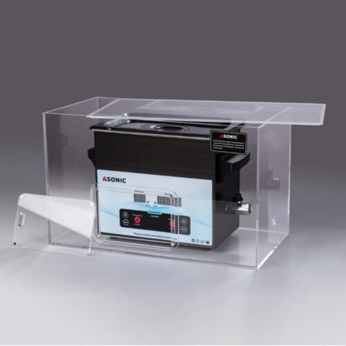 Open silent box displaying a 5L ASONIC ultrasonic cleaner designed for quieter professional cleaning.
