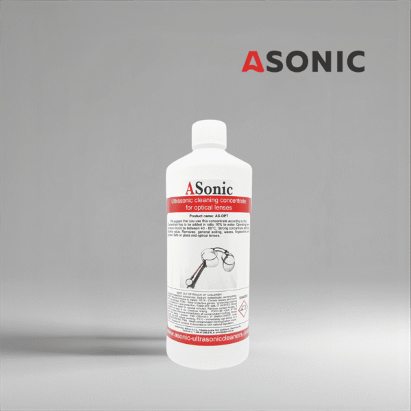 ASONIC AS-OPT-1 soluzione di pulizia ottica a ultrasuoni, flacone da 1L per la pulizia sicura di lenti, occhiali e dispositivi ottici.